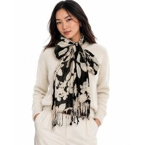 Gap Floral Crinkle Scarf‎ Olive Green Cream Botanical Fringe Cotton Blend 92-26